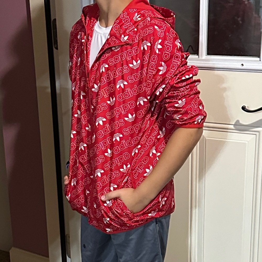 Adidas Red Hooded Jacket with Logo Pattern